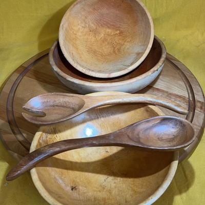 Vintage wooden salad bowl set with servers