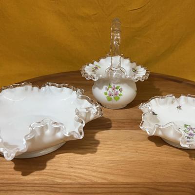 Fenton opalescent milk glass basket and two ruffled bowls