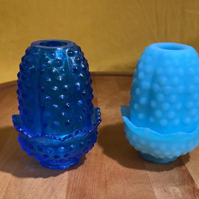 Two Fenton hobnail glass fairy lamps in blue hues
