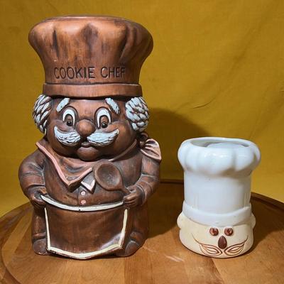 Vintage Treasure Craft ceramic "Cookie Chef" cookie jar & “Le Chef” utensil holder