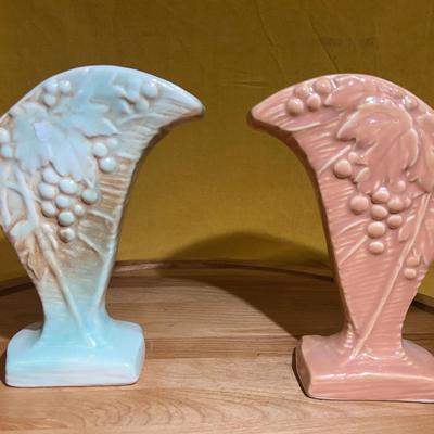 Vintage McCoy art pottery grapevine fan vases in blue and pink