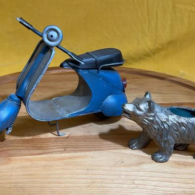 Vintage cast metal Bear Inkwell and handmade Italian scooter model