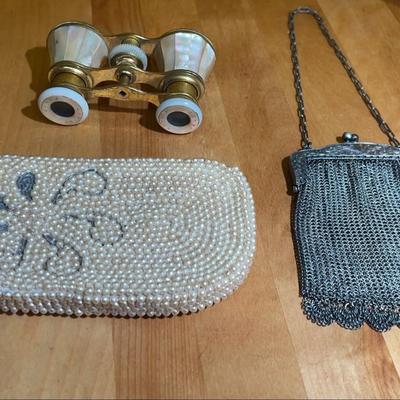Vintage opera glasses, beaded clutch, and silver-tone mesh handbag