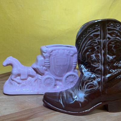 Ceramic decorative cowboy boot and pink horse-drawn carriage