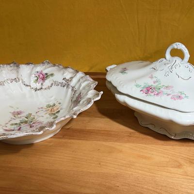Antique porcelain tureen and serving bowl