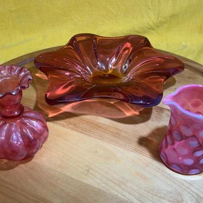 Set of three Vintage art glass pieces: vase, bowl, and pitcher