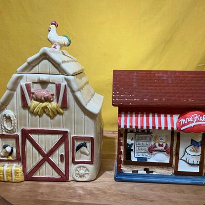 A Metlox "Mac's Barn" ceramic cookie jar with farm animal details & Mrs Fields ceramic cookie jar