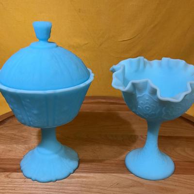 Fenton blue satin glass candy dish and compote with embossed patterns