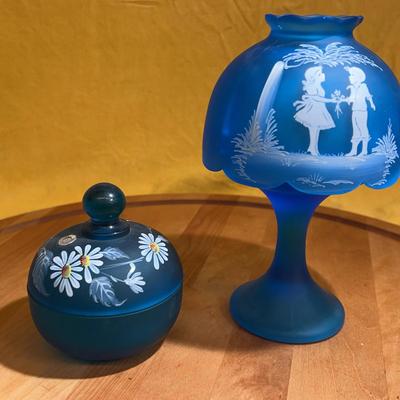 Westmoreland Mary Gregory style blue frosted glass fairy lamp and lidded jar