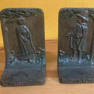 Antique Bradley & Hubbard cast metal bookends of Priscilla and John Alden