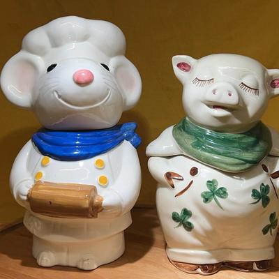 A set of two vintage Metlox ceramic cookie jars: a mouse chef and a pig