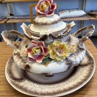 Vintage Capodimonte-Style Porcelain Soup Tureen with Handcrafted Flowers and Matching Underplate