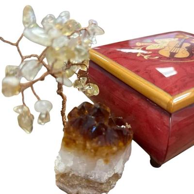 Wooden Italian Music Box And Crystal Tree