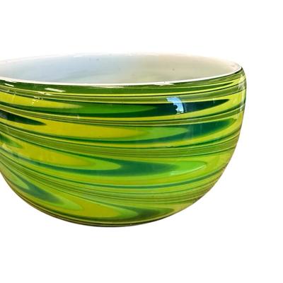 Blown Glass Art Bowl – Handcrafted Green and Yellow Swirl Design