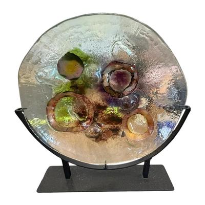 Fused Art Glass Sculpture Bowl on Metal Stand – Abstract Modern Design