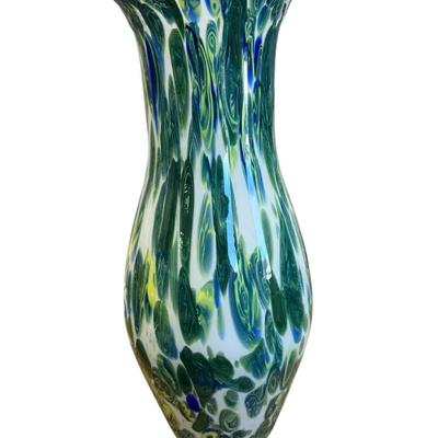 Handblown Art Glass Vase – Blue, Green & White Swirl