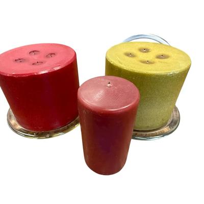 Set of Three Decorative Pillar Candles – Red & Golden Tones