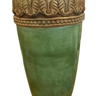Handcrafted Green Glazed Ceramic Vase with Embossed Leaf Motif
