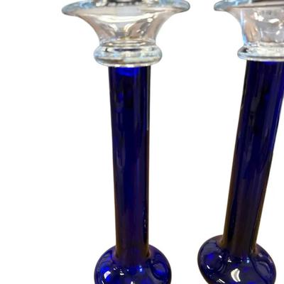 Pair of Cobalt Blue Art Glass Candleholders with Murano Glass Venice Frame