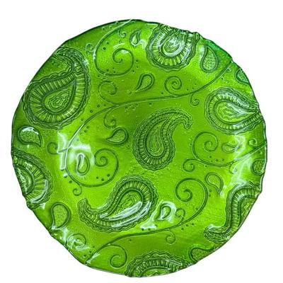 Embossed Green Art Glass Plate – Paisley Design