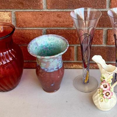 Vintage Glazed Pottery Vase, Norcrest Japan Floral Pitcher, (2) Luminesce Glasses, & A Red Glass Vase
