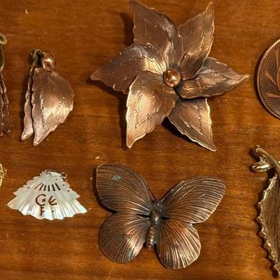 Vintage Copper Pins - Earrings - Mother Of Pearl Pin And Sarah Coventry Faux Wood Leaf Pin