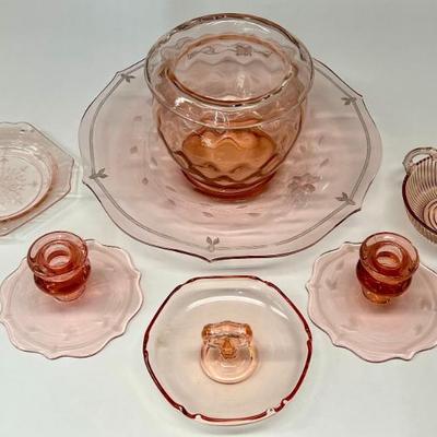 Pink Depression Glass Trays, Candle Holders, And Serving Dishes