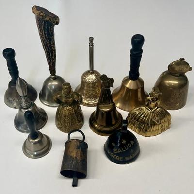 (12) Assorted Collectible Brass And Metal Bells With Wood, Antler, And Metal Handles