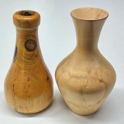 (2) Turned Wood Small Bud Vases - (1) Signed Spalted Beach Tom Hatton