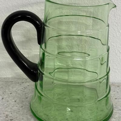 Dunbar Green Uranium Glass Graduated Ring Black Handled Pitcher
