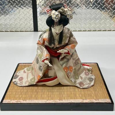 Vintage 13" Japanese Material Geisha Figurine With Wood Base