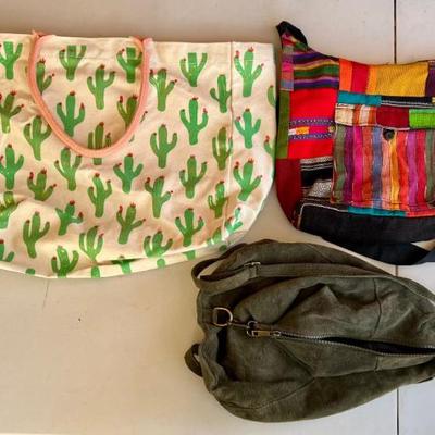 Two's Company Cactus Tote Bag, Cotton Guatemala Multi Color Bag, And A Small Suede Pack