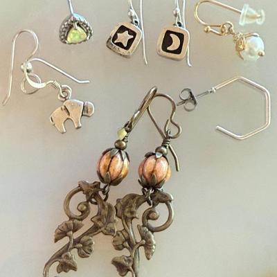 Assorted Earrings (1) Pair Sterling Silver Moon & Star - 2 Single Sterling And (1) Dangle Orange Bead