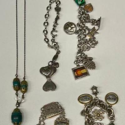 (5) Costume Stainless Charm Bracelets With A Brass & Glass Beaded Necklace