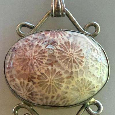Sterling Silver Fossilized Coral Stone Pendant - 11.66 Grams