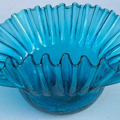 Vintage Blue Crackle Art Glass Ruffled Bowl