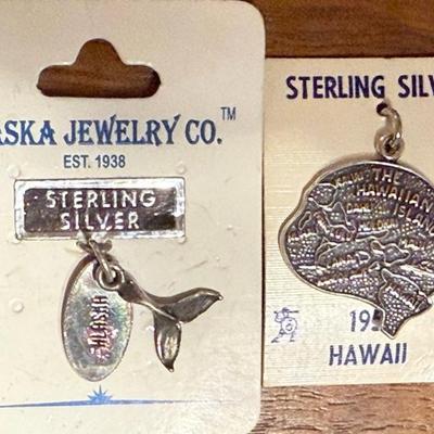 (2) Vintage Sterling Silver Charms - Hawaii & Alaska On Original Cards