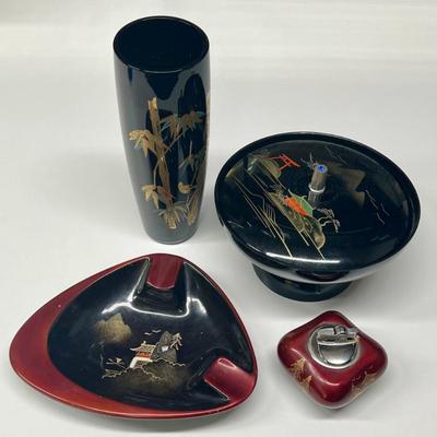 Black And Red Lacquerware Asian Ashtray And Musical Dish, Table Lighter, And Glass Bamboo Vase