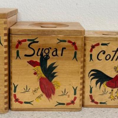 MCM Wooden Hand Painted Rooster Dove Tail Nesting Cannister Set