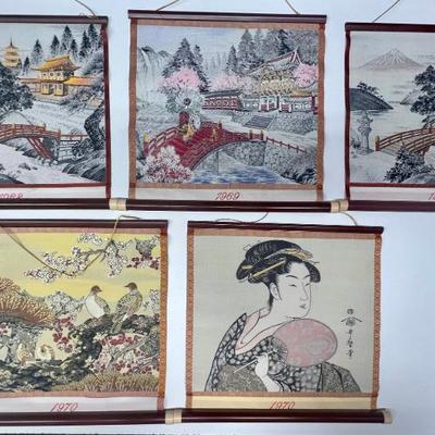 (5) 1968-1970 Japanese Silk & Material Scrolls With Hangers
