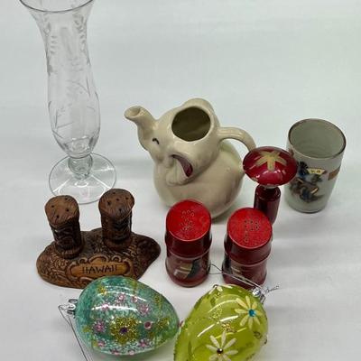 Eclectic Lot - Elephant Pitcher, Hawaii And Japanese Salt And Peppers, Glass Egg Ornaments, Porcelain Cup