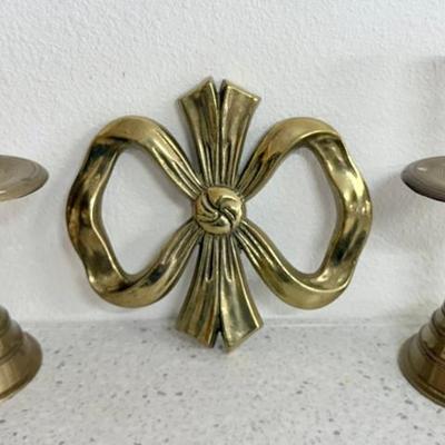Vintage Brass Bow Knot Trivet And (2) Solid Brass Candle Holders