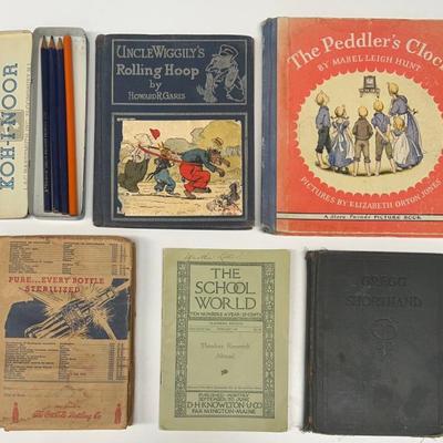(5) Antique Books And A Koh-i-noor Metal Pencil Box - (2) Gregg Shorthand, Uncle Wiggily's, Peddler's Clock