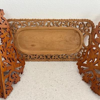 Hand Carved Wooden Serving Tray With Ornate Scroll Border And (2) Wood Carved Whatnot Shelves With Fret Work