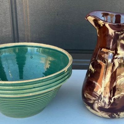 Clays And Calico 1981 Pottery Pitcher With 9.5" Green Pottery Bowl (as Is)