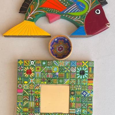 Evan Payne Texas Tiled Mirror, Folk Art Hand Painted Wooden Fish, & Bead Lined Gourd