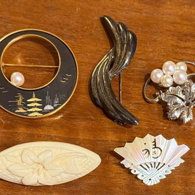 Vintage Pins - One Sterling Silver - Amita - Mother Of Pearl - Faux Pearl - Molded Plastic