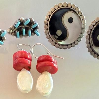 (3) Pairs Of Earrings Sterling Silver Zuni Petite Point, 925 Mop Yin & Yang And Red Coral & Fresh Water Pearl