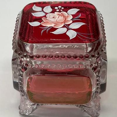 1978 Hand Painted Signed Ruby & Clear Glass Footed Trinket Dish