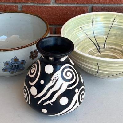 (2) Signed Pottery Bowls With An Aruba Vase - Tonala KE Mexico & B. Kirk Original